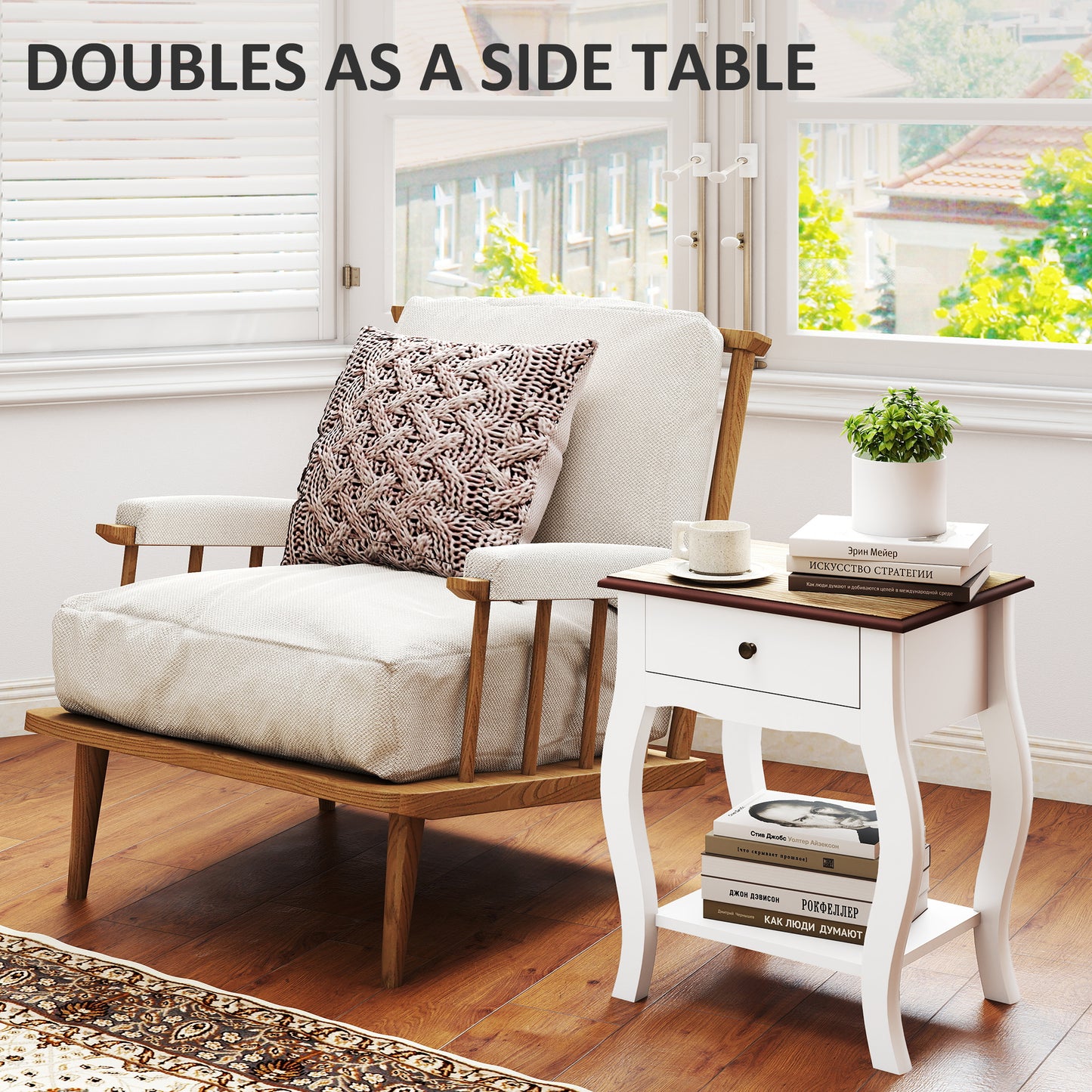 Bedside Tables Set of 2, Bedside Cabinets with Drawer, Shelf, White