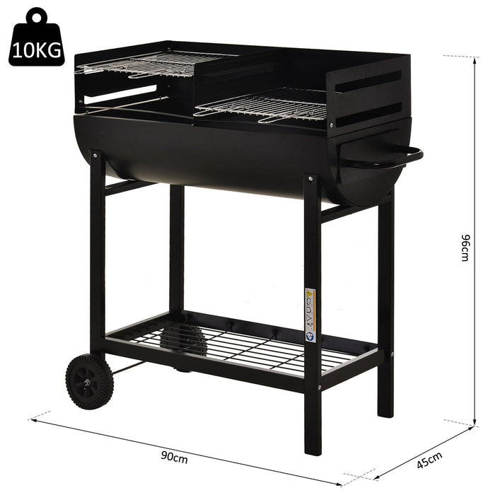 Charcoal Barbecue Grill Garden BBQ Trolley w/ Dual Grill, Adjustable Grill Nets, Heat-resistant Steel, Wheels, Black