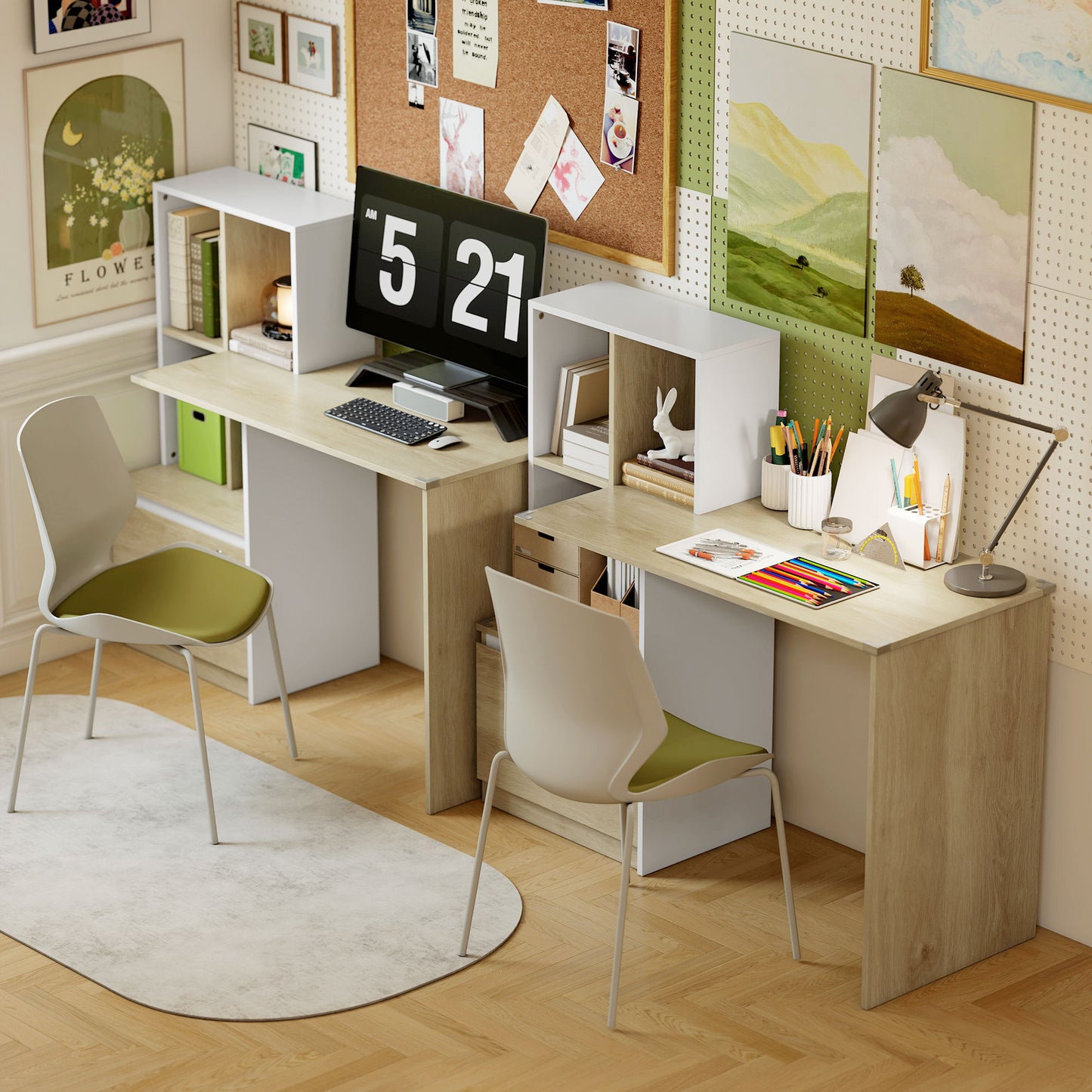Computer Desk with Lockable File Drawers, Oak Wood Effect