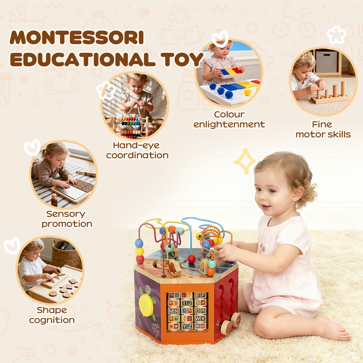 Wooden Activity Cube for Toddlers 18+ Months with Bead Maze