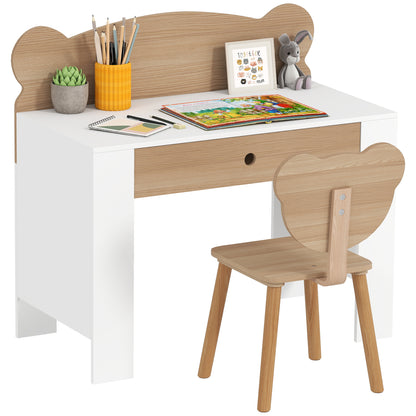 Kids' Desk and Chair Set with Storage Drawer and Bear Backrest - Natural & White