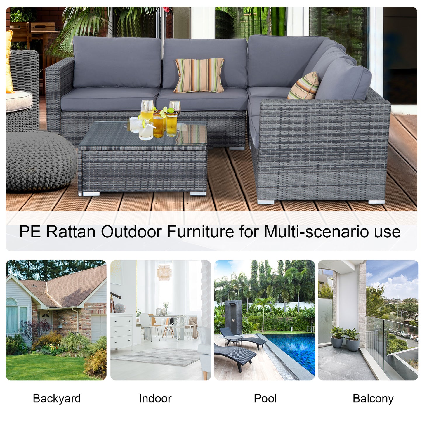 4 Pieces Rattan Furniture Set Sofa Chair Coffee Table Wicker Grey