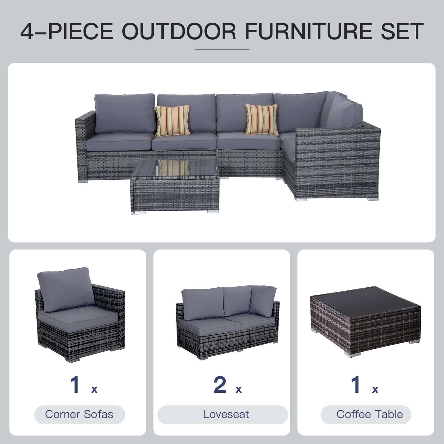 4 Pieces Rattan Furniture Set Sofa Chair Coffee Table Wicker Grey