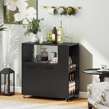 Kitchen Island on Wheels with 2-Door Cabinet and Spice Rack, Black