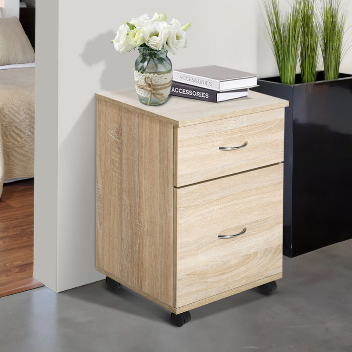 File Cabinet Cupboard Storage with Two Drawers, Table Storage Box with Wheels, Cabinet Bedside Table Storage Box, Oak