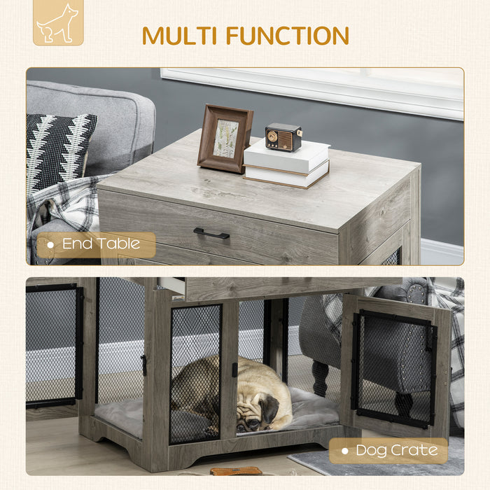 Indoor Use Dog Crate Furniture with Cushion, Double Doors Pet Kennel End Table with Drawer for Medium Dogs, Grey