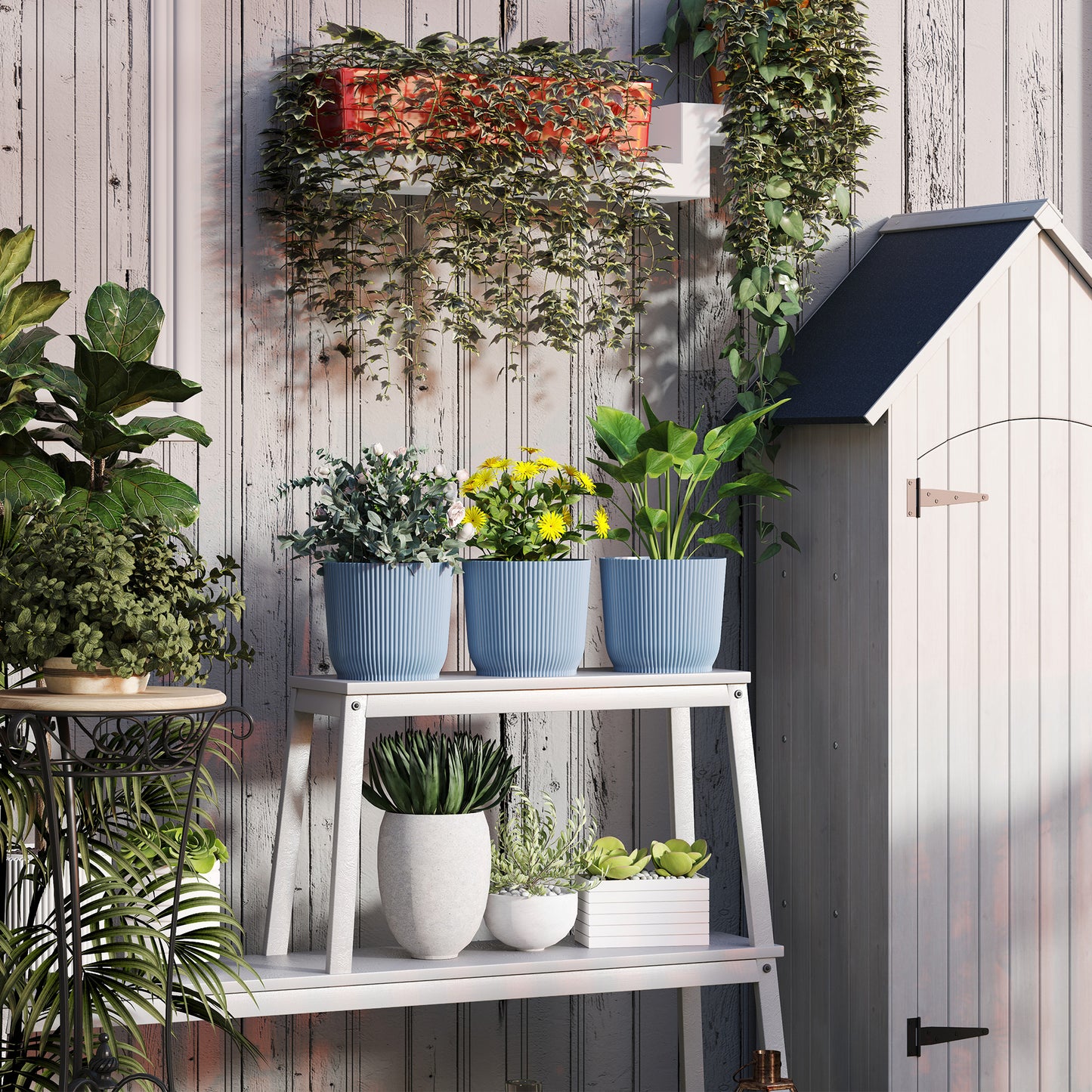 Set of 3 Round Plant Pots Outdoor 22cm for Garden Decoration, Blue