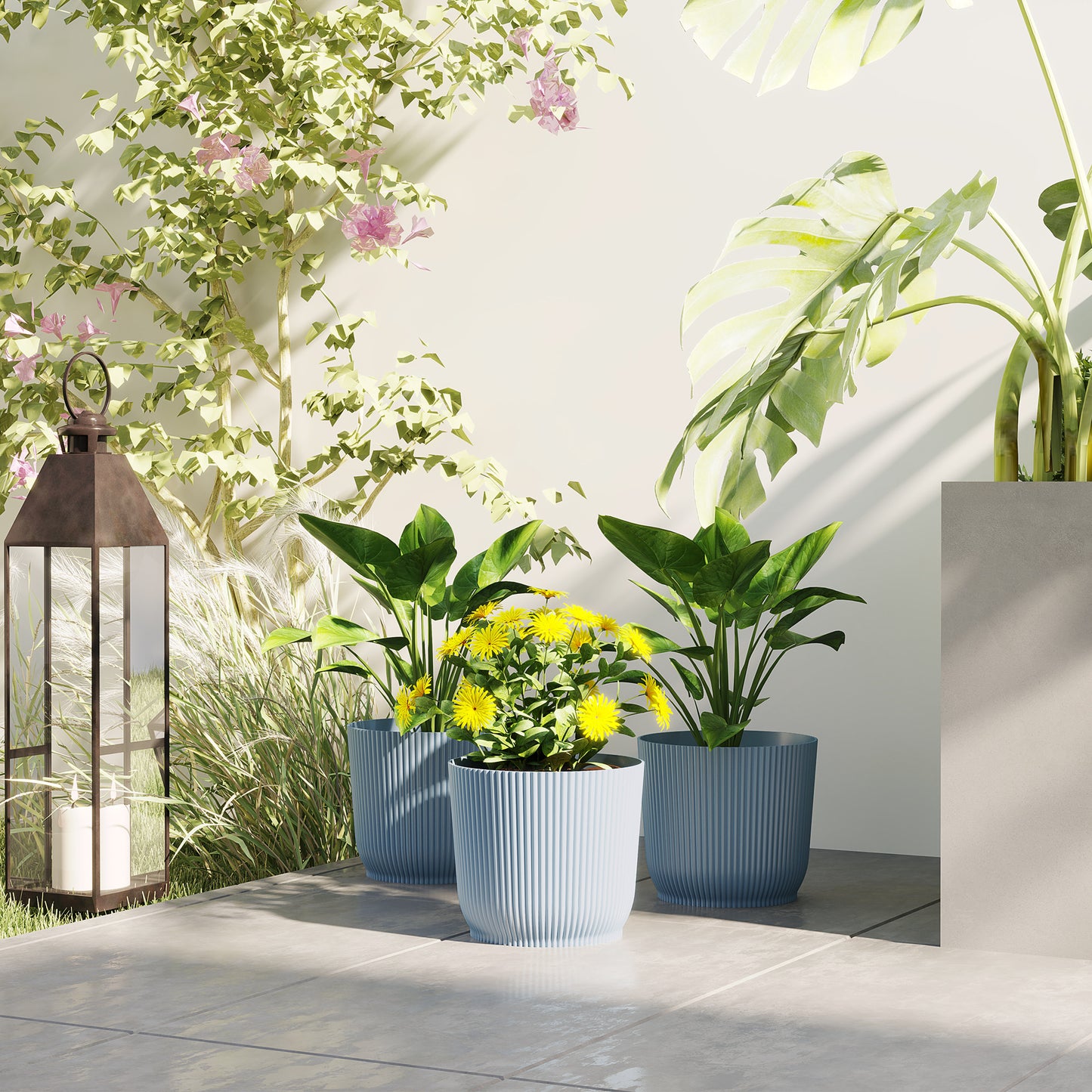 Set of 3 Round Plant Pots Outdoor 22cm for Garden Decoration, Blue