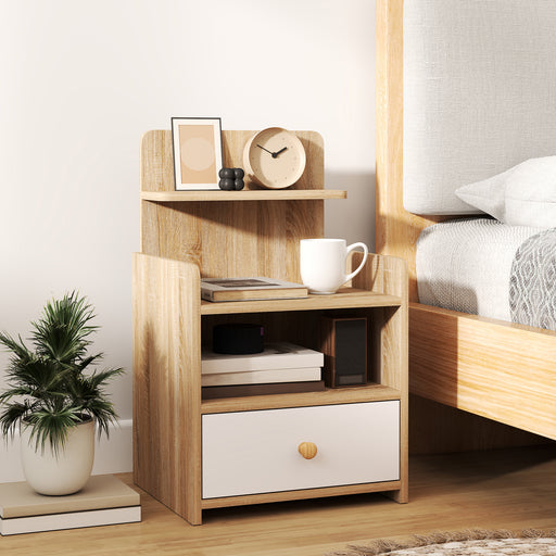 Bedside Table with Drawer for Bedroom, Living Room, Natural Wood Effect