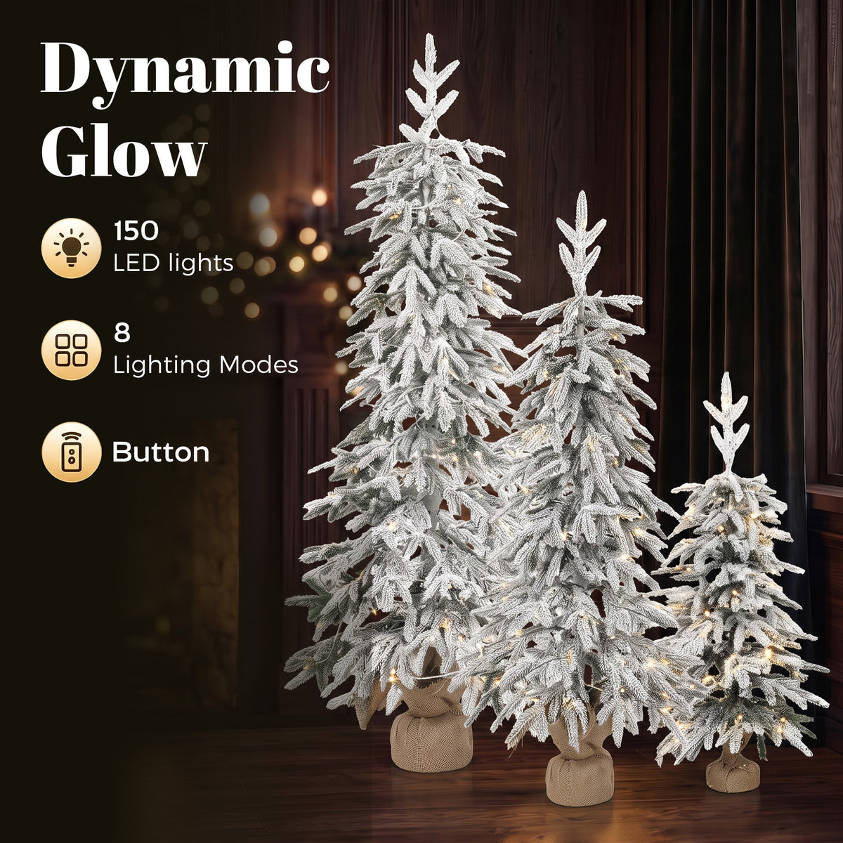 Prelit Flocked Artificial Christmas Tree Set of 3, 3FT/4FT/5FT