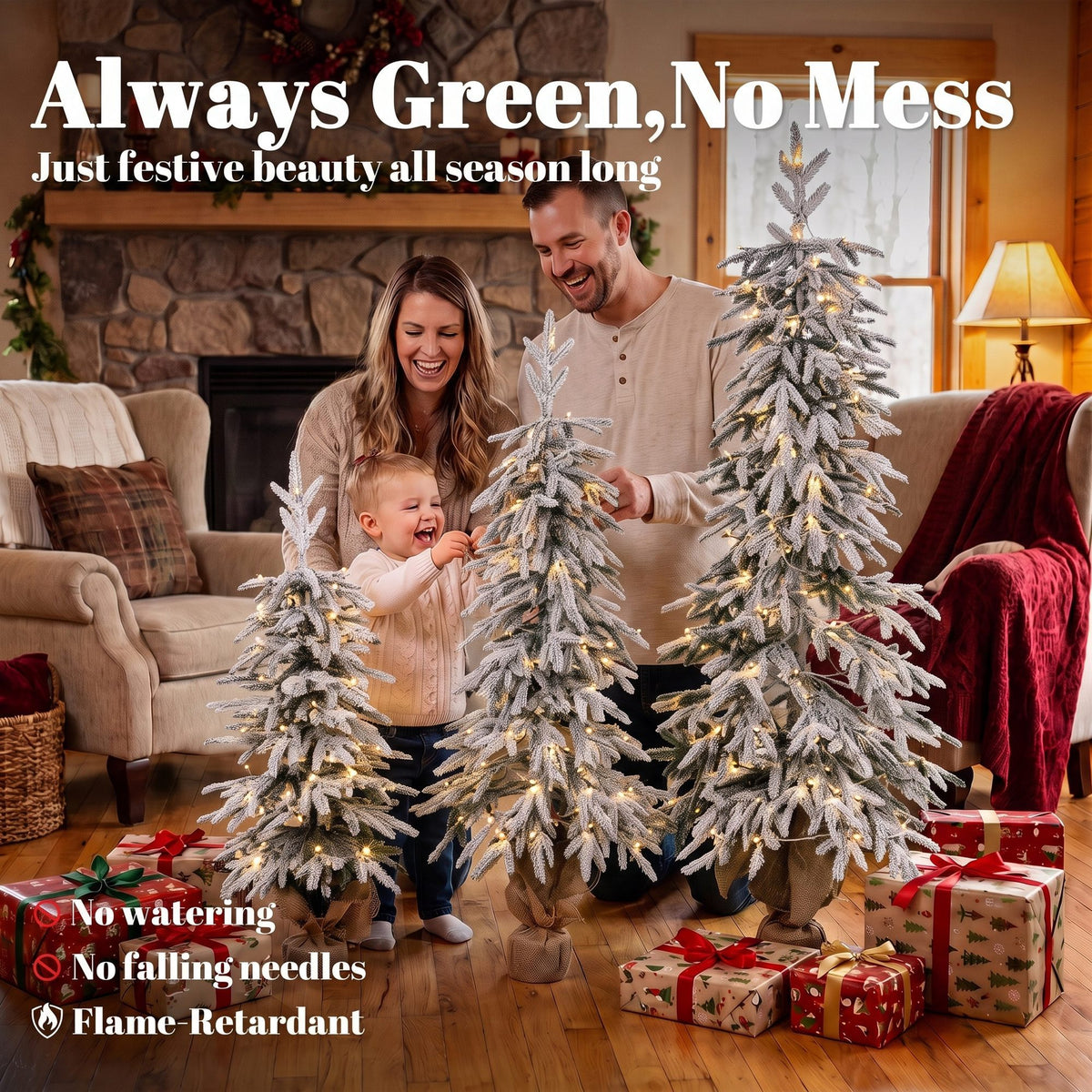 Prelit Flocked Artificial Christmas Tree Set of 3, 3FT/4FT/5FT