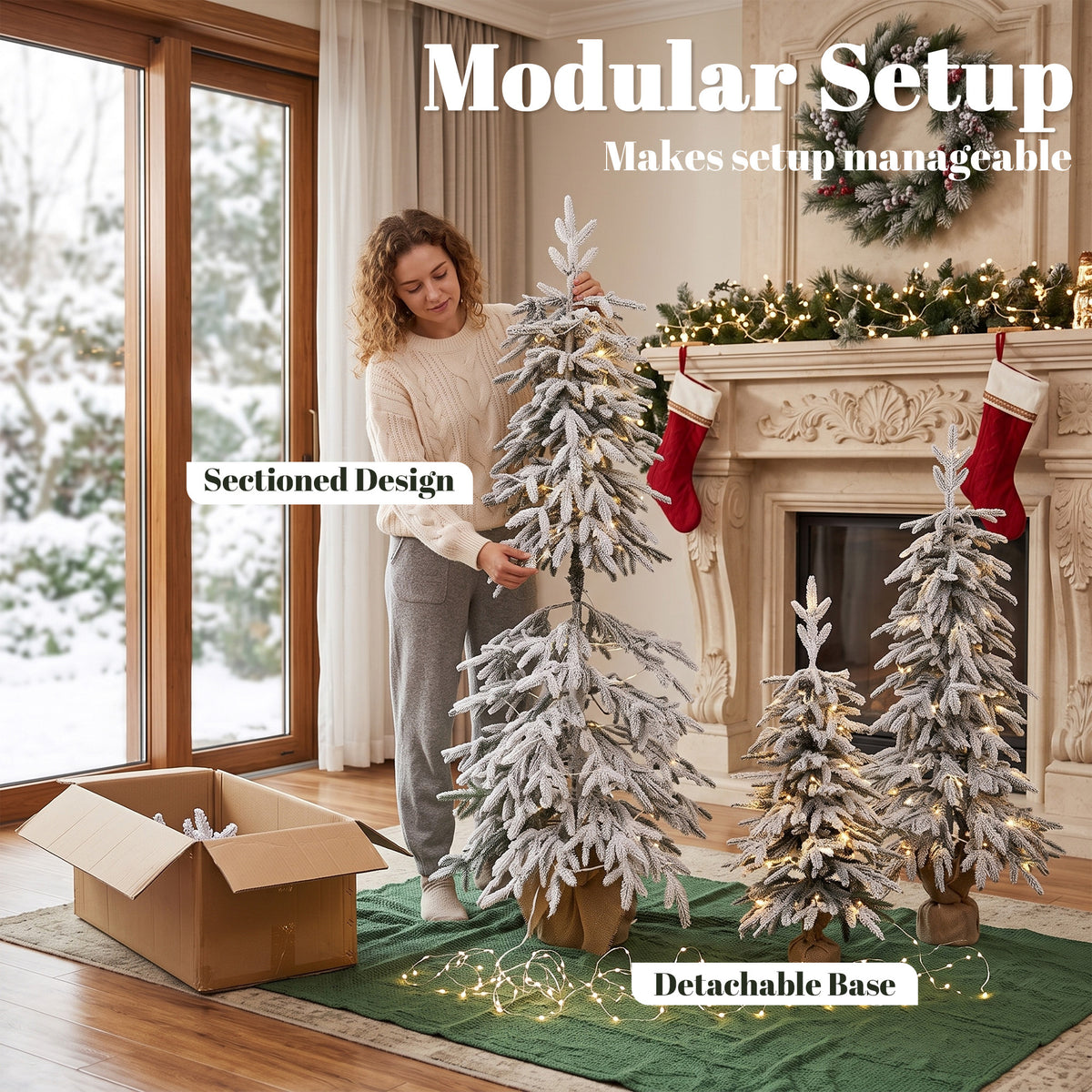 Prelit Flocked Artificial Christmas Tree Set of 3, 3FT/4FT/5FT