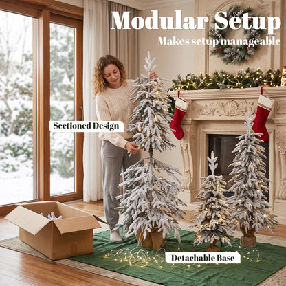 Prelit Flocked Artificial Christmas Tree Set of 3, 3FT/4FT/5FT