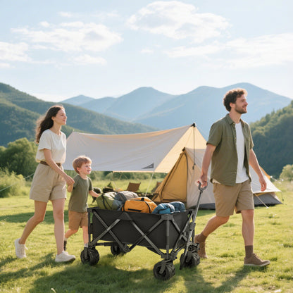 Outdoor Pull Along Garden Trolley on Wheels Folding Beach Cart Black