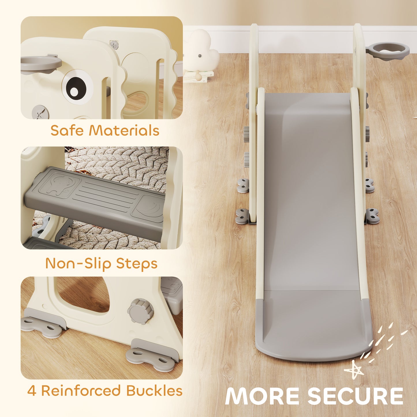 Foldable Kids Slide with Climber, Basketball Hoop, Cream White