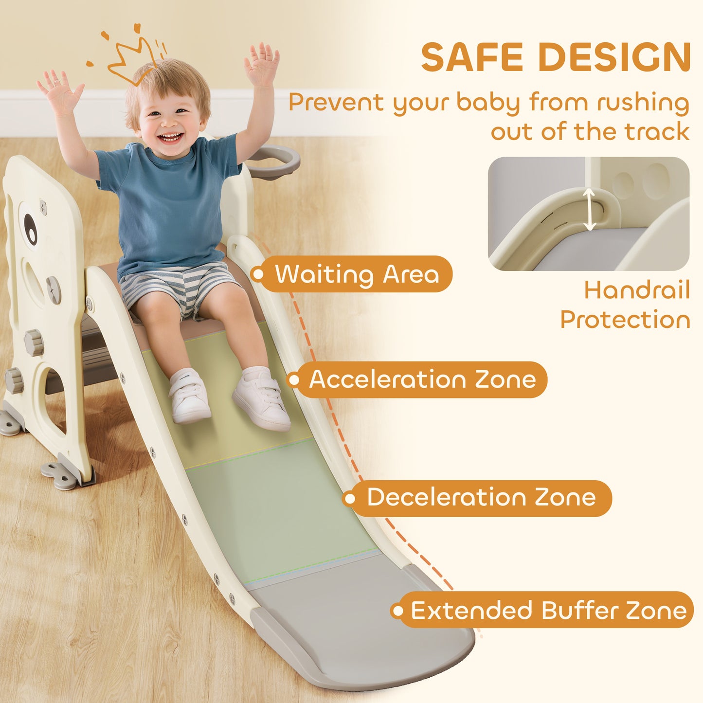 Foldable Kids Slide with Climber, Basketball Hoop, Cream White
