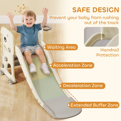 Foldable Kids Slide with Climber, Basketball Hoop, Cream White