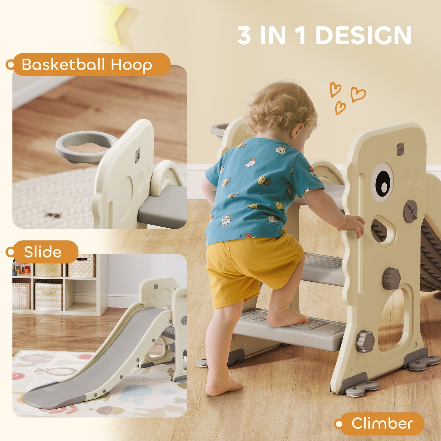 Foldable Kids Slide with Climber, Basketball Hoop, Cream White