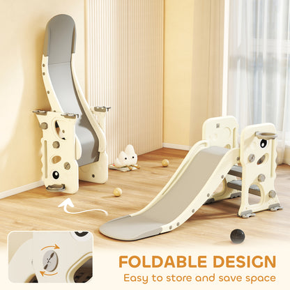 Foldable Kids Slide with Climber, Basketball Hoop, Cream White