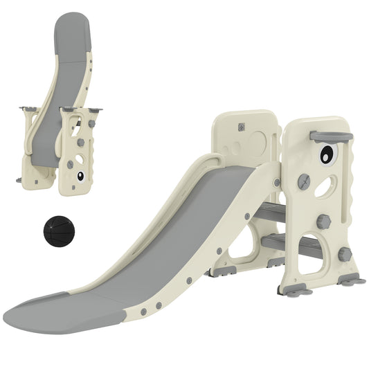 Foldable Kids Slide with Climber, Basketball Hoop, Cream White
