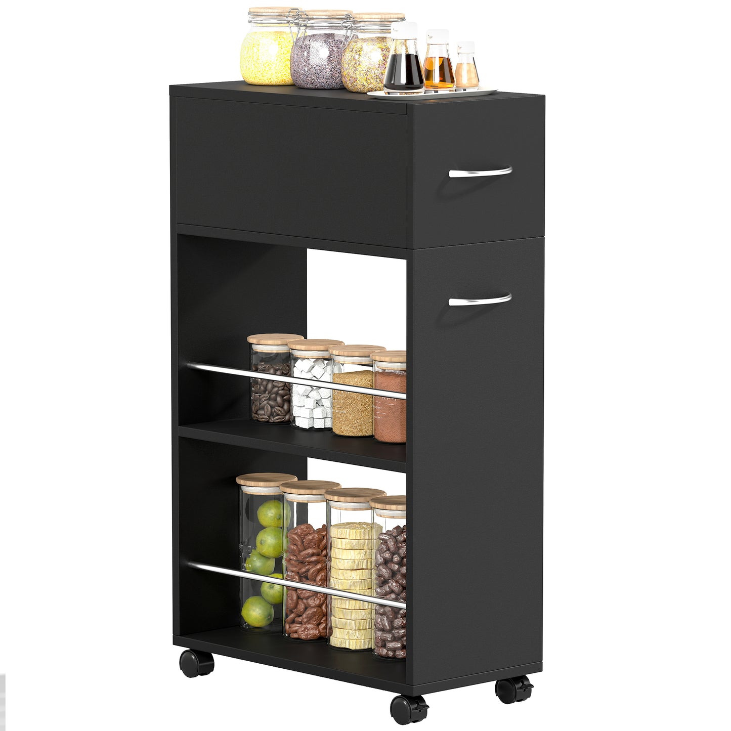 Rolling Storage Unit with Drawer Surface Top and 4 Wheels, Black