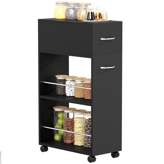 Rolling Storage Unit with Drawer Surface Top and 4 Wheels, Black