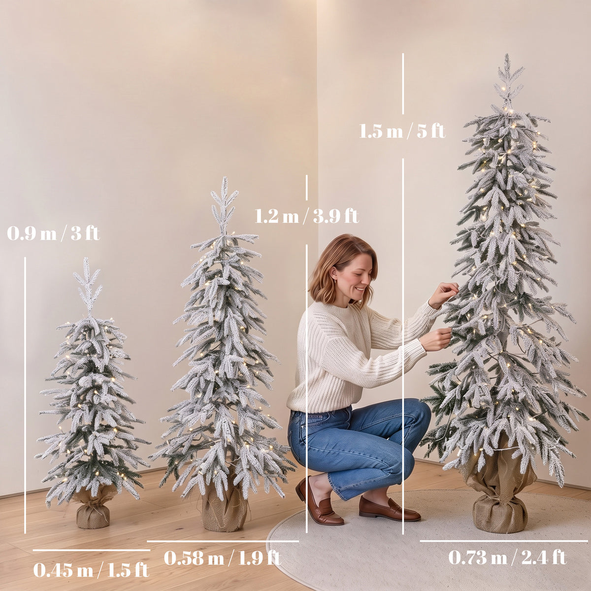 Prelit Flocked Artificial Christmas Tree Set of 3, 3FT/4FT/5FT