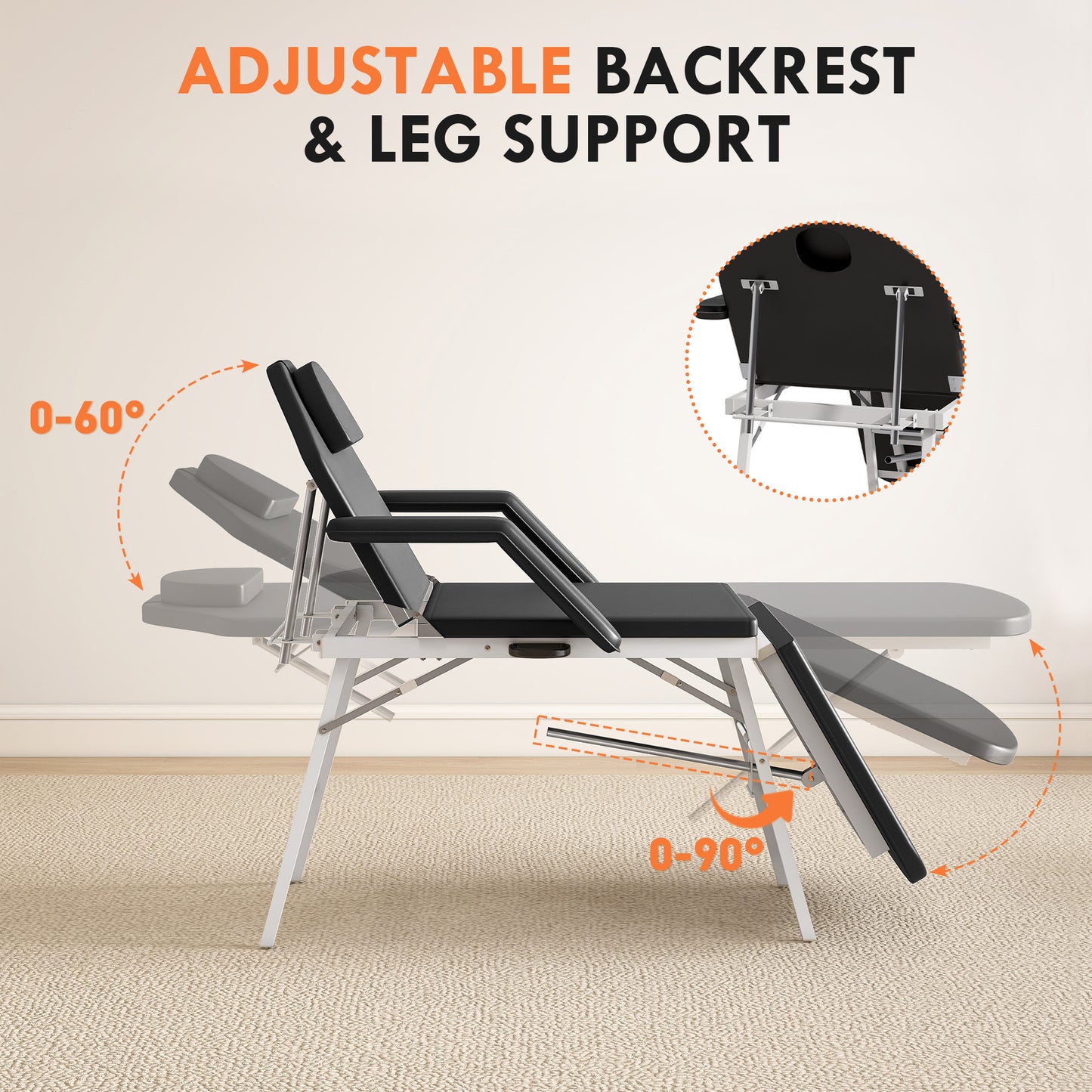 3 Section Adjustable Massage Table, Beauty Bed for Spa, Lash, Black