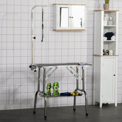 Foldable Dog Grooming Table Pet Drying Table with Adjustable Arm Non-Slip Rubber Tabletop Aluminium Alloy Edge Stainless Steel Bar Sling 94.5 x 55 x 81cm Black