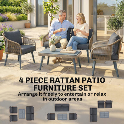 4 Piece Rattan Garden Furniture Set w/ Thick Cushions, Grey