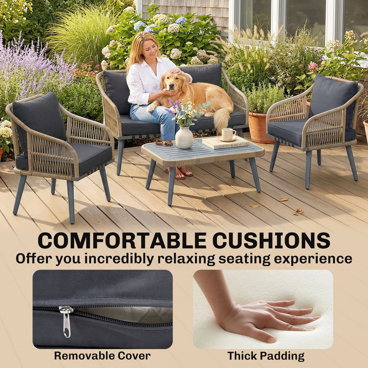 4 Piece Rattan Garden Furniture Set w/ Thick Cushions, Grey