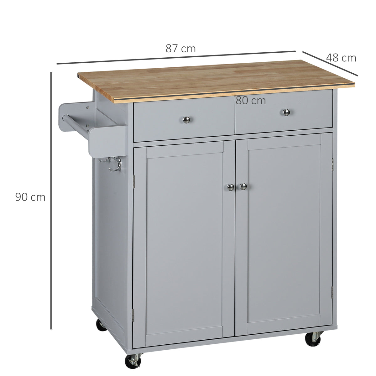 Rolling Kitchen Island, Utility Serving Cart with Rubber Wood Top Grey