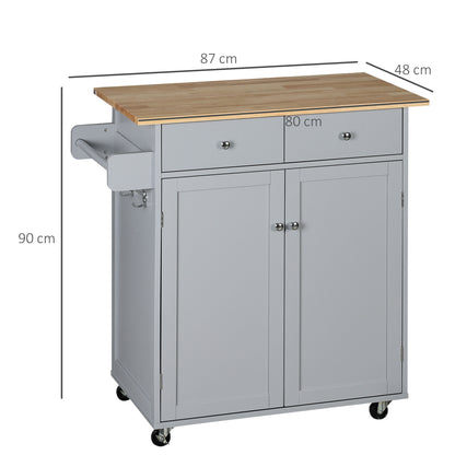 Rolling Kitchen Island, Utility Serving Cart with Rubber Wood Top Grey