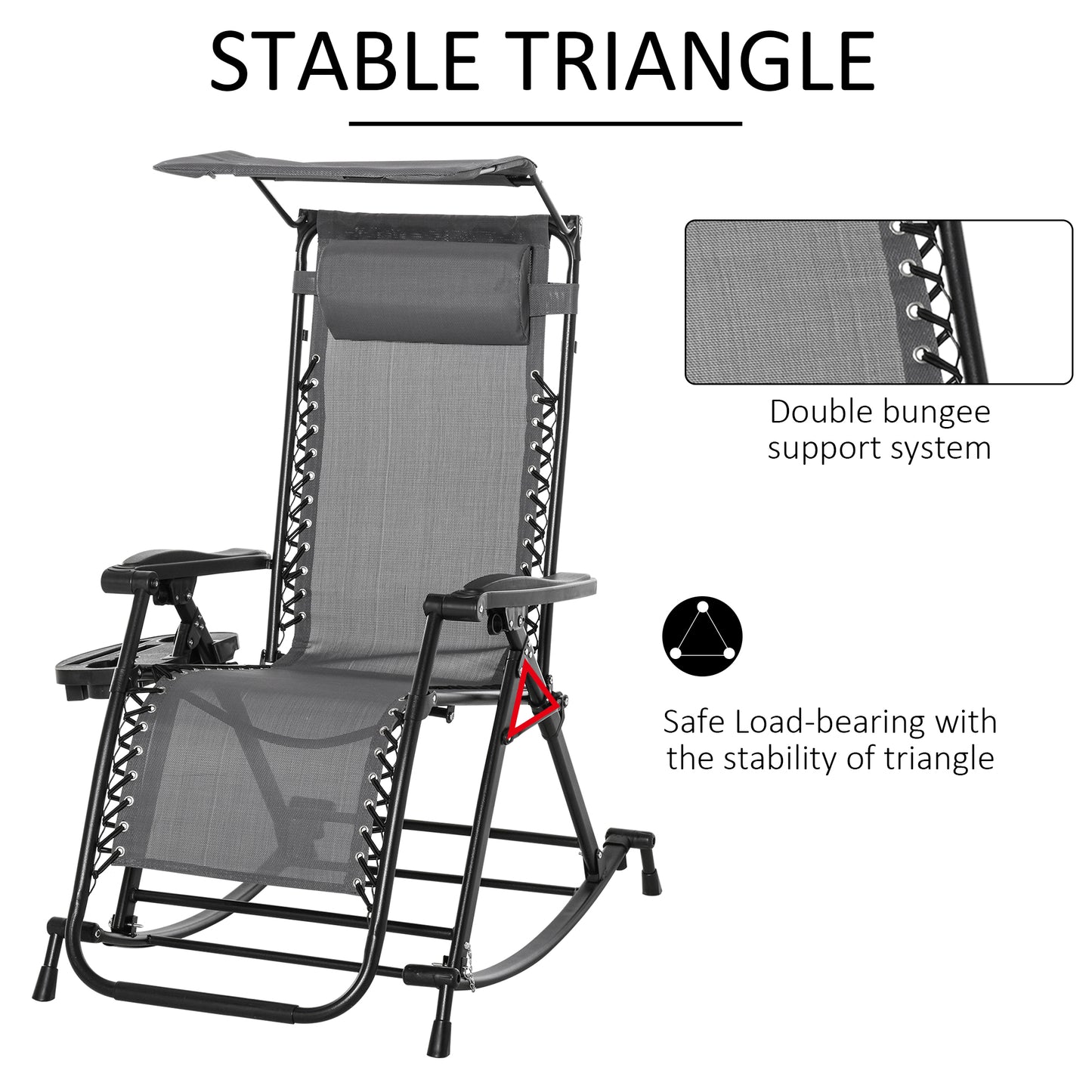 Garden Rocking Chair Folding Recliner Outdoor Adjustable Sun Lounger Rocker Zero-Gravity Seat with Headrest Side Holder Patio Deck - Grey