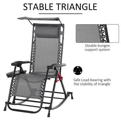 Garden Rocking Chair Folding Recliner Outdoor Adjustable Sun Lounger Rocker Zero-Gravity Seat with Headrest Side Holder Patio Deck - Grey