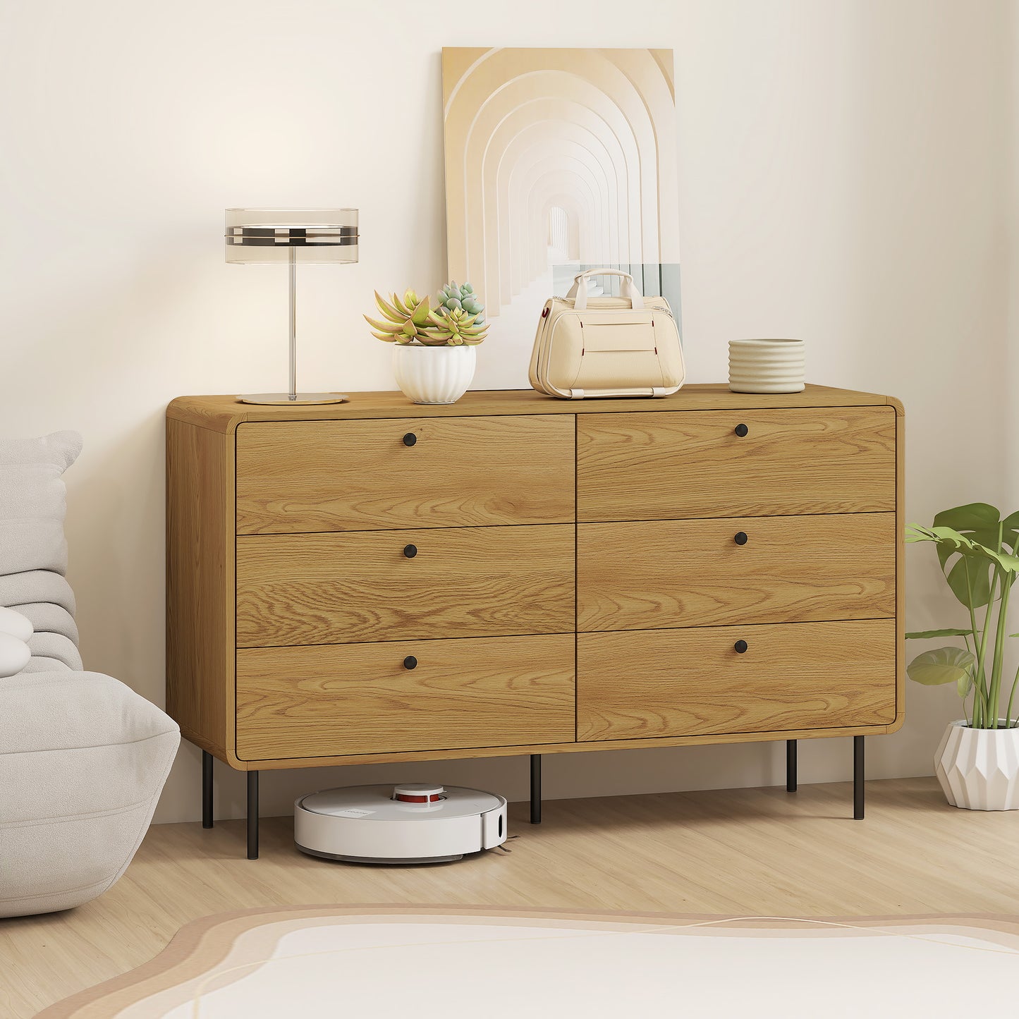 Chest of Drawers for Bedroom, Modern 6 Drawer Dresser, Oak
