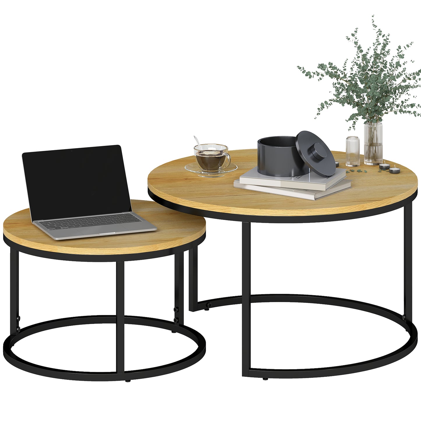2 Pcs Stacking Coffee Table Set with Steel Frame, Natural
