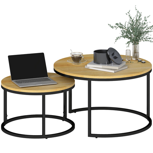 2 Pcs Stacking Coffee Table Set with Steel Frame, Natural