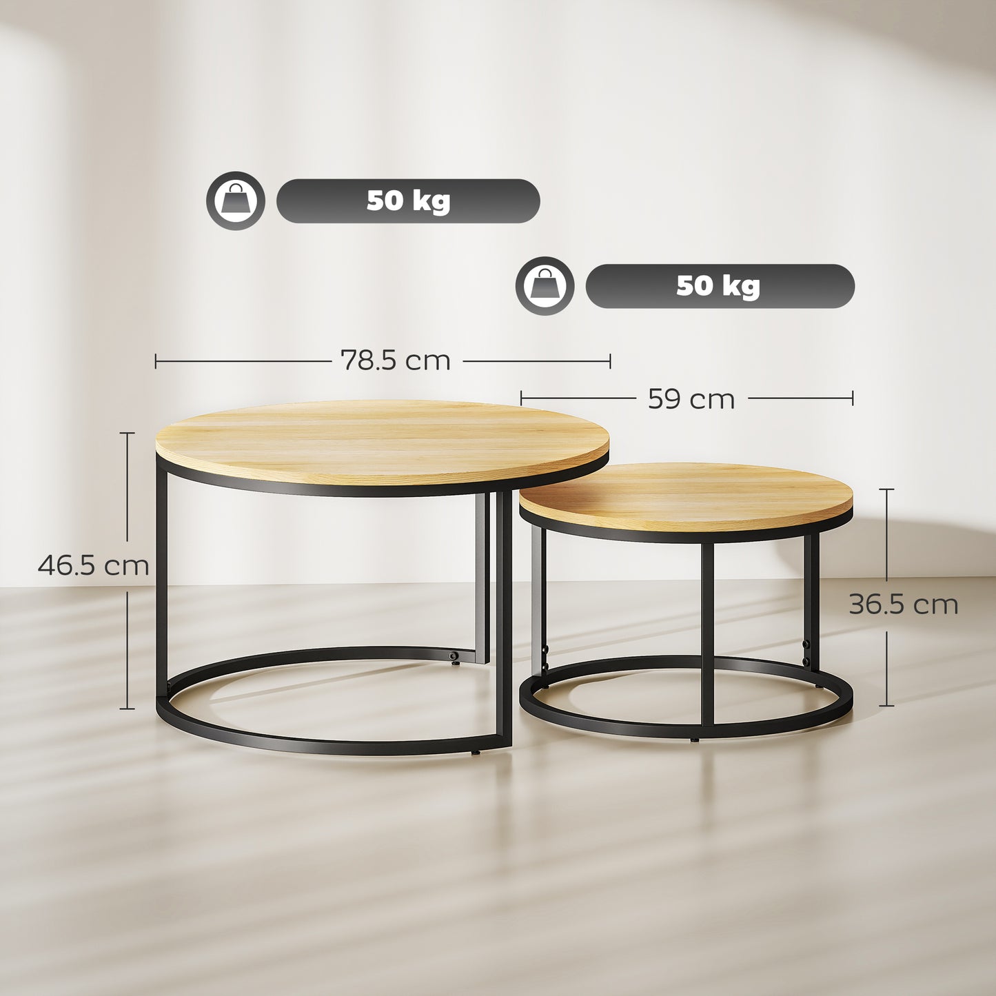 2 Pcs Stacking Coffee Table Set with Steel Frame, Natural