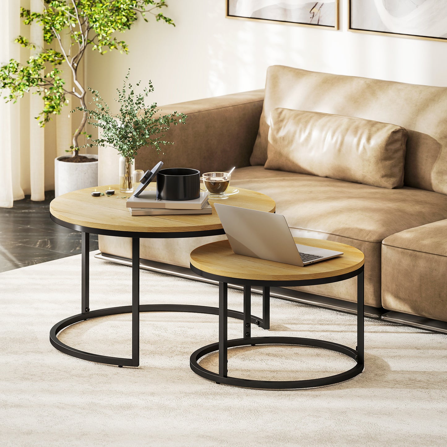2 Pcs Stacking Coffee Table Set with Steel Frame, Natural