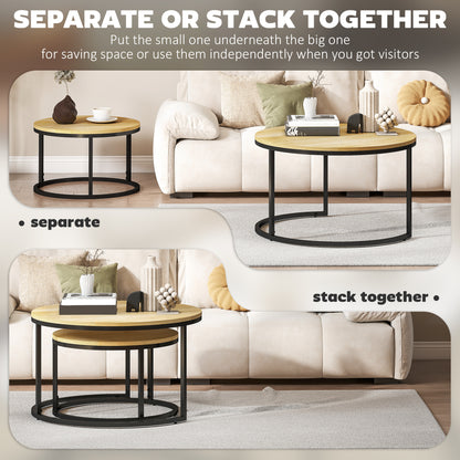 2 Pcs Stacking Coffee Table Set with Steel Frame, Natural