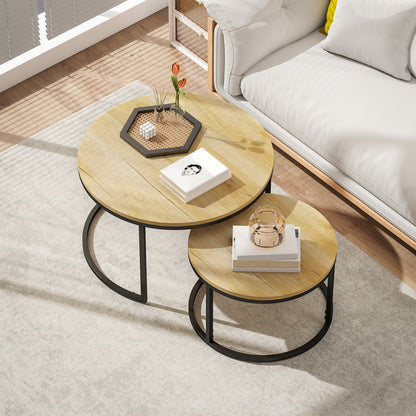 2 Pcs Stacking Coffee Table Set with Steel Frame, Natural