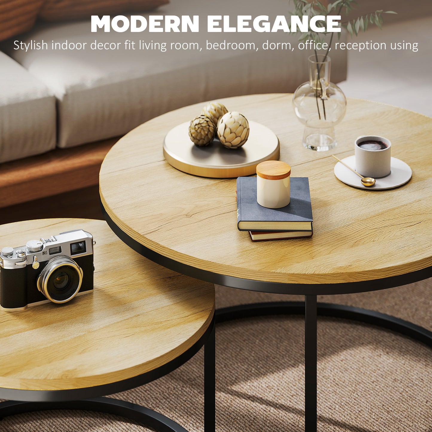 2 Pcs Stacking Coffee Table Set with Steel Frame, Natural