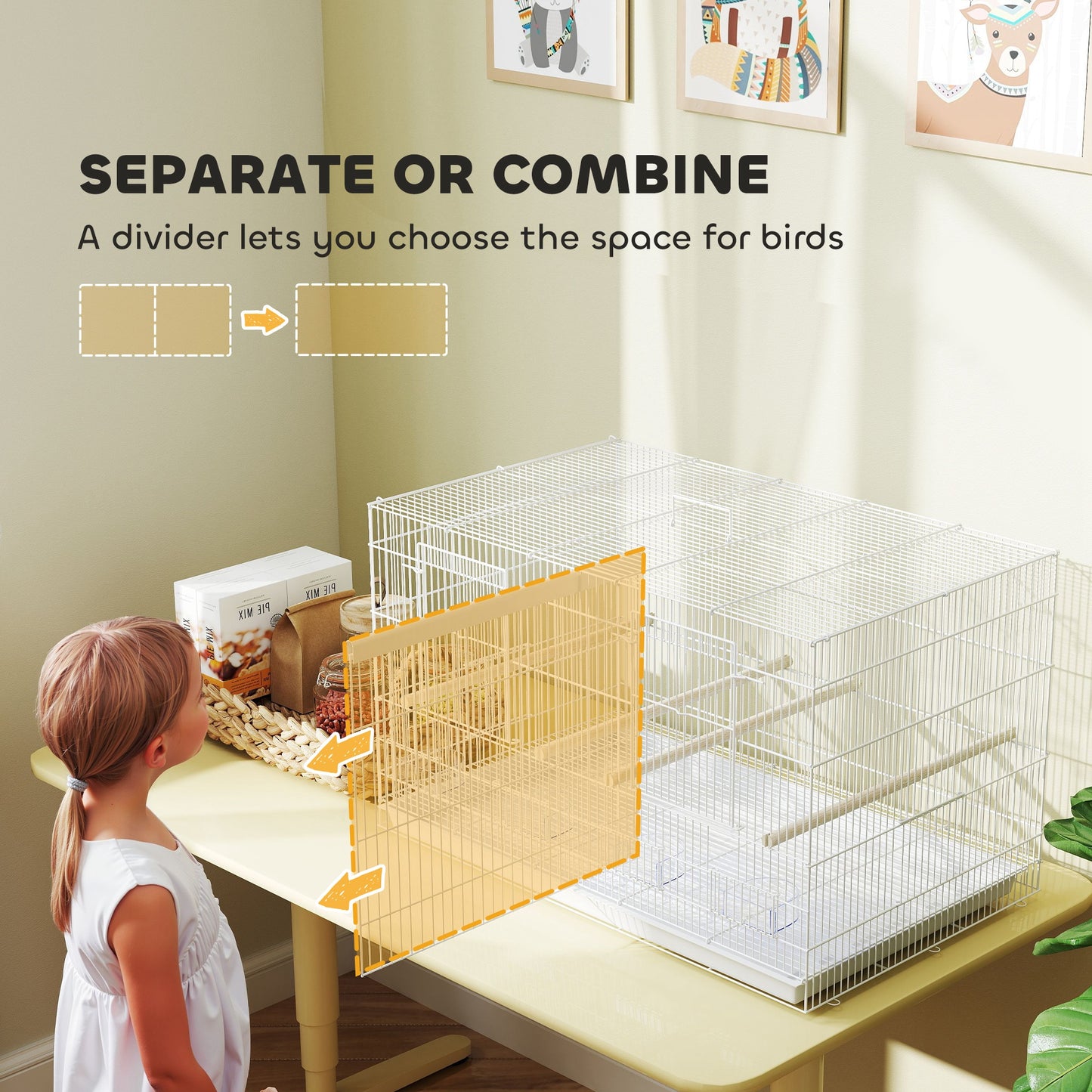 Bird Cage with Divider, 4 Wooden Perches, Slide Out Tray, White