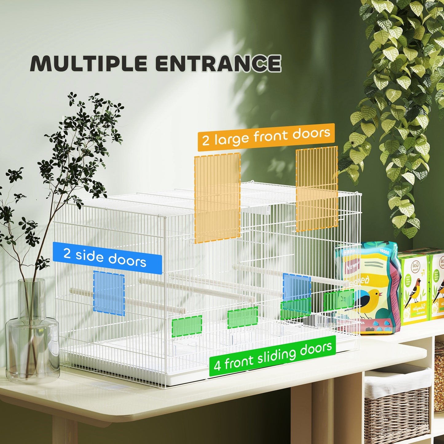 Bird Cage with Divider, 4 Wooden Perches, Slide Out Tray, White