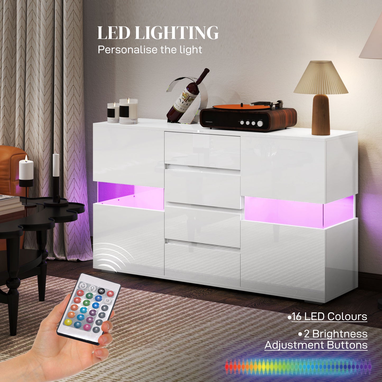 LED Sideboard, High Gloss Storage Cabinet with 4 Drawers, White