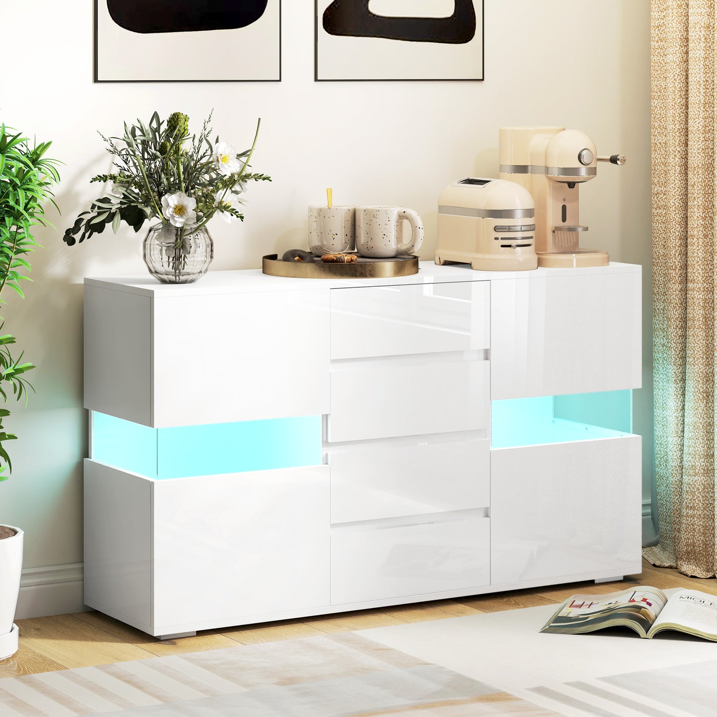 LED Sideboard, High Gloss Storage Cabinet with 4 Drawers, White