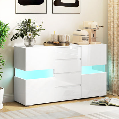 LED Sideboard, High Gloss Storage Cabinet with 4 Drawers, White