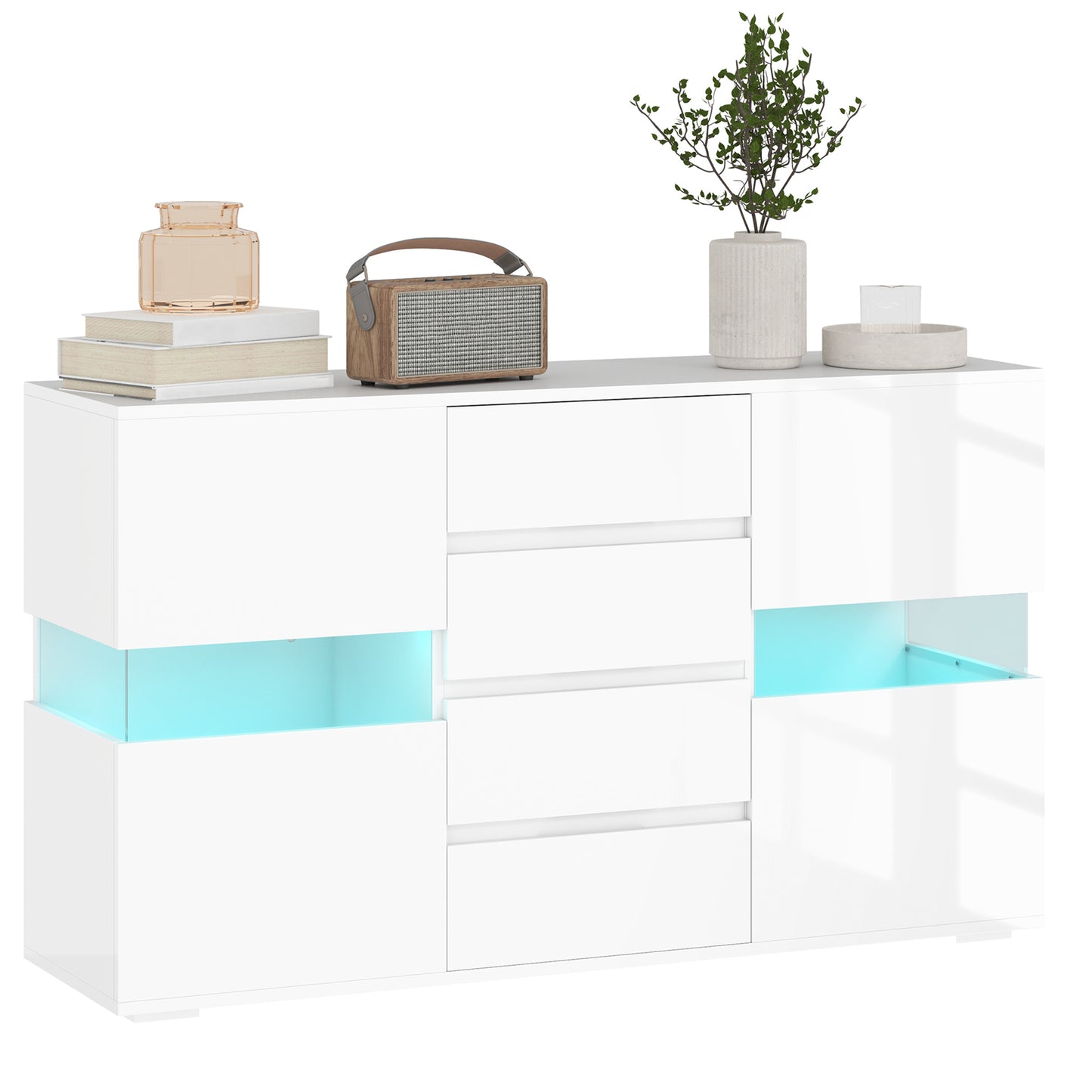LED Sideboard, High Gloss Storage Cabinet with 4 Drawers, White
