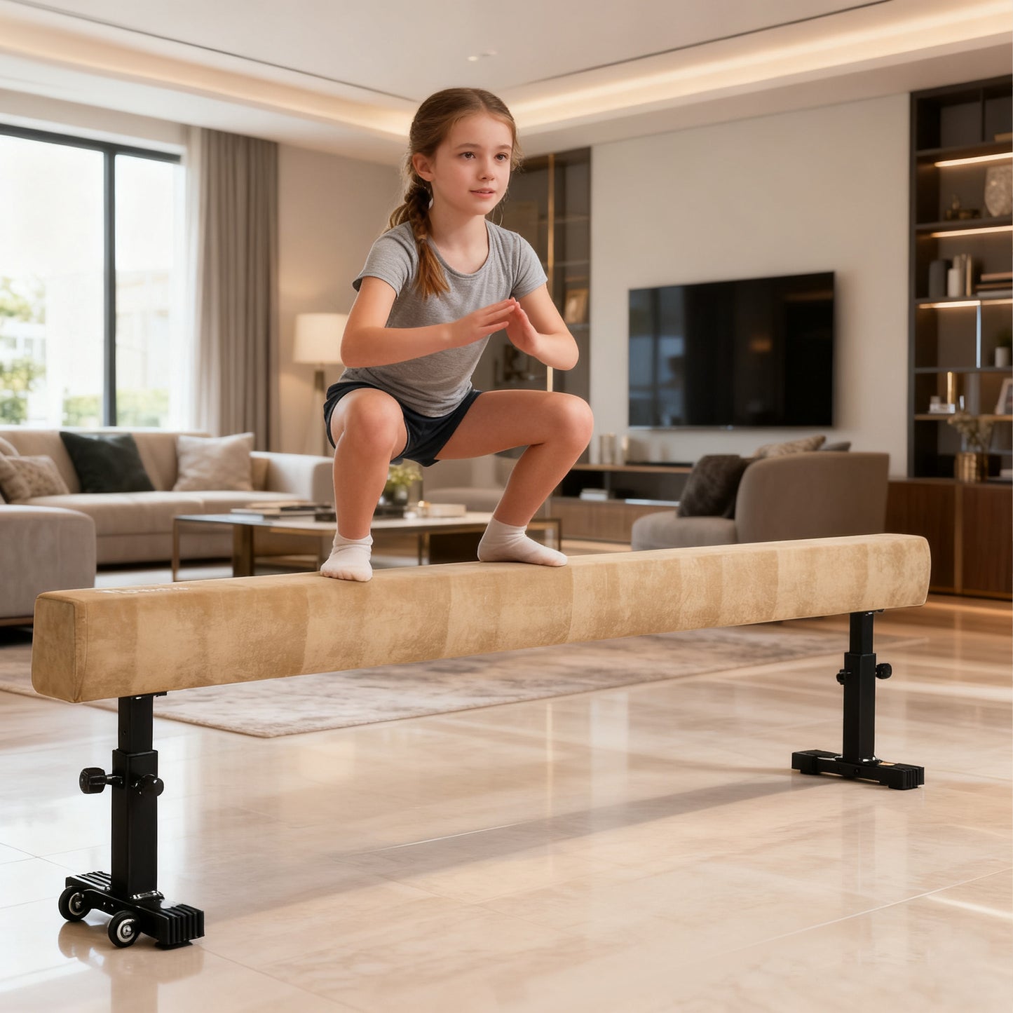 Adjustable Balance Beam Gymnastics Beam with Wheels for 6+ Years
